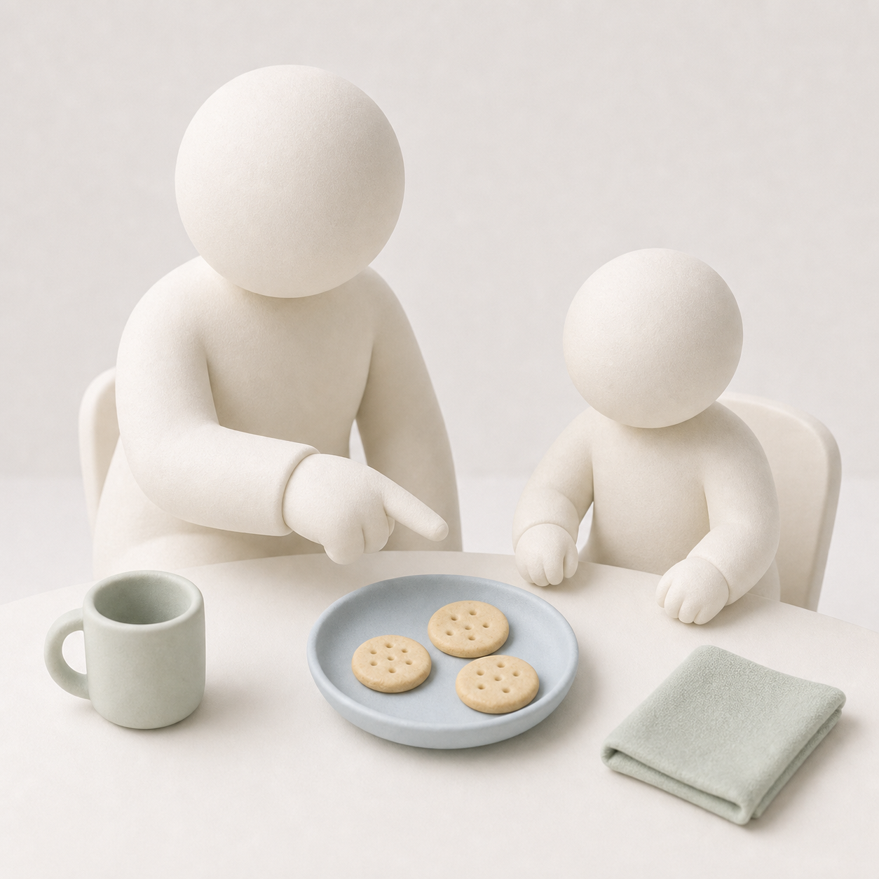 Claymorphic parent and child sharing a snack at the table