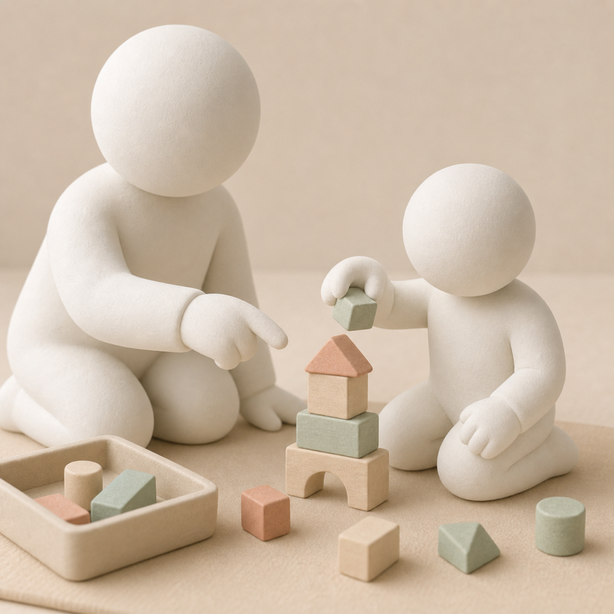 Claymorphic parent and child playing with household blocks