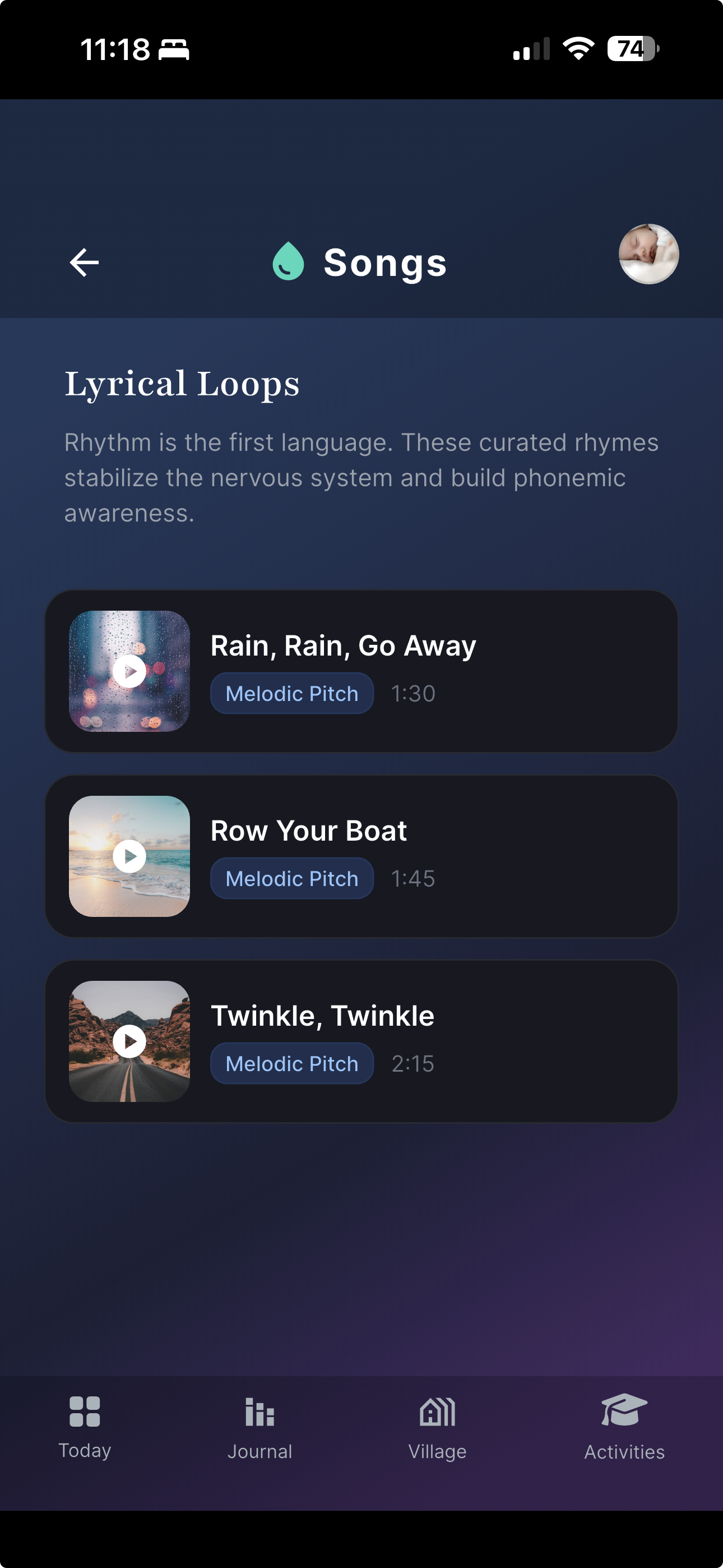 Blox Songs screen with curated nursery rhymes