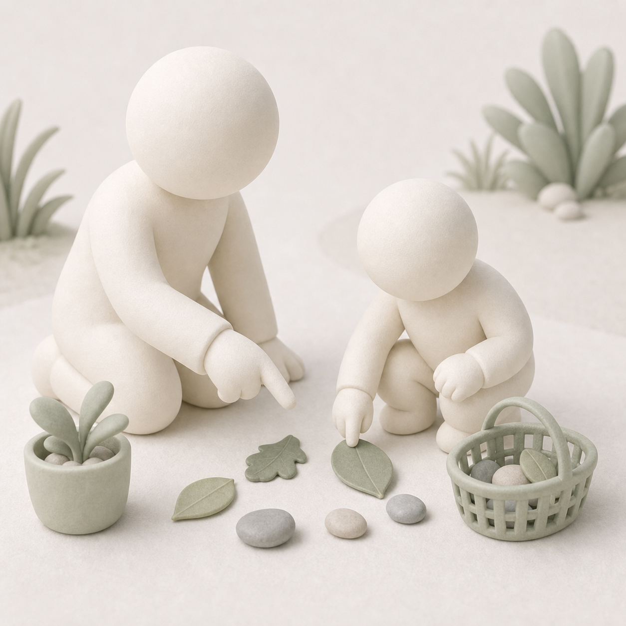 Claymorphic parent and child exploring leaves and stones outdoors